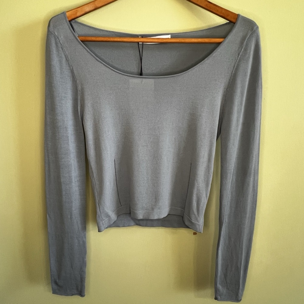 New ZARA Woman Light Blue top Blouse wide neckline Knit Long Sleeve Size L #2677